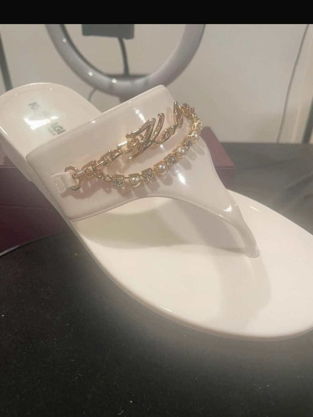 Karl Lagerfeld White Jeweled Thong Sandals with Gold Chain